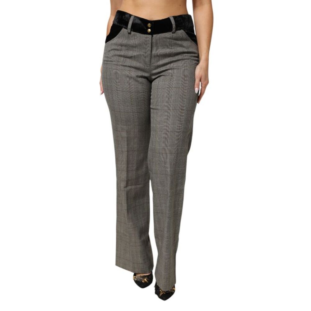 BENCIVENGA Gray Wool Blend Plaid Straight Leg Velvet Waist Women's Pants